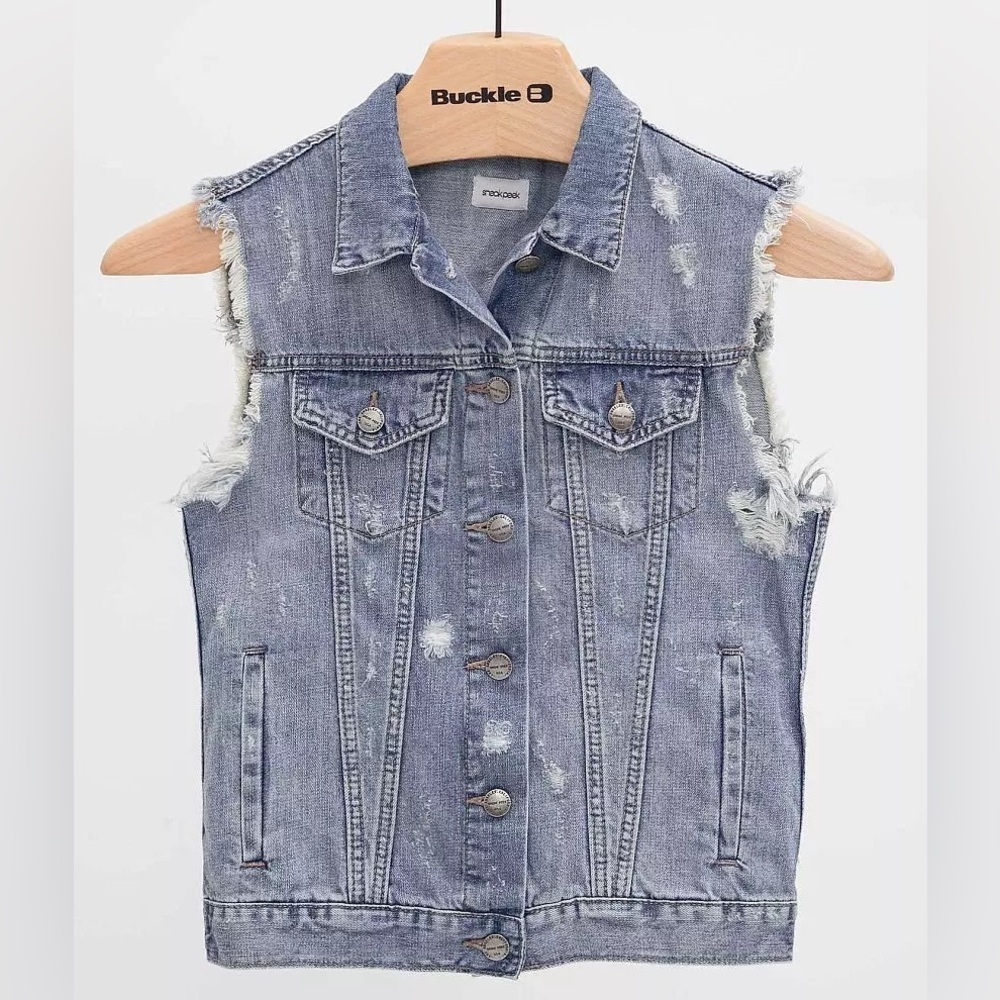 Sneak Peek Distressed Denim Jean Button Up Vest Size Medium